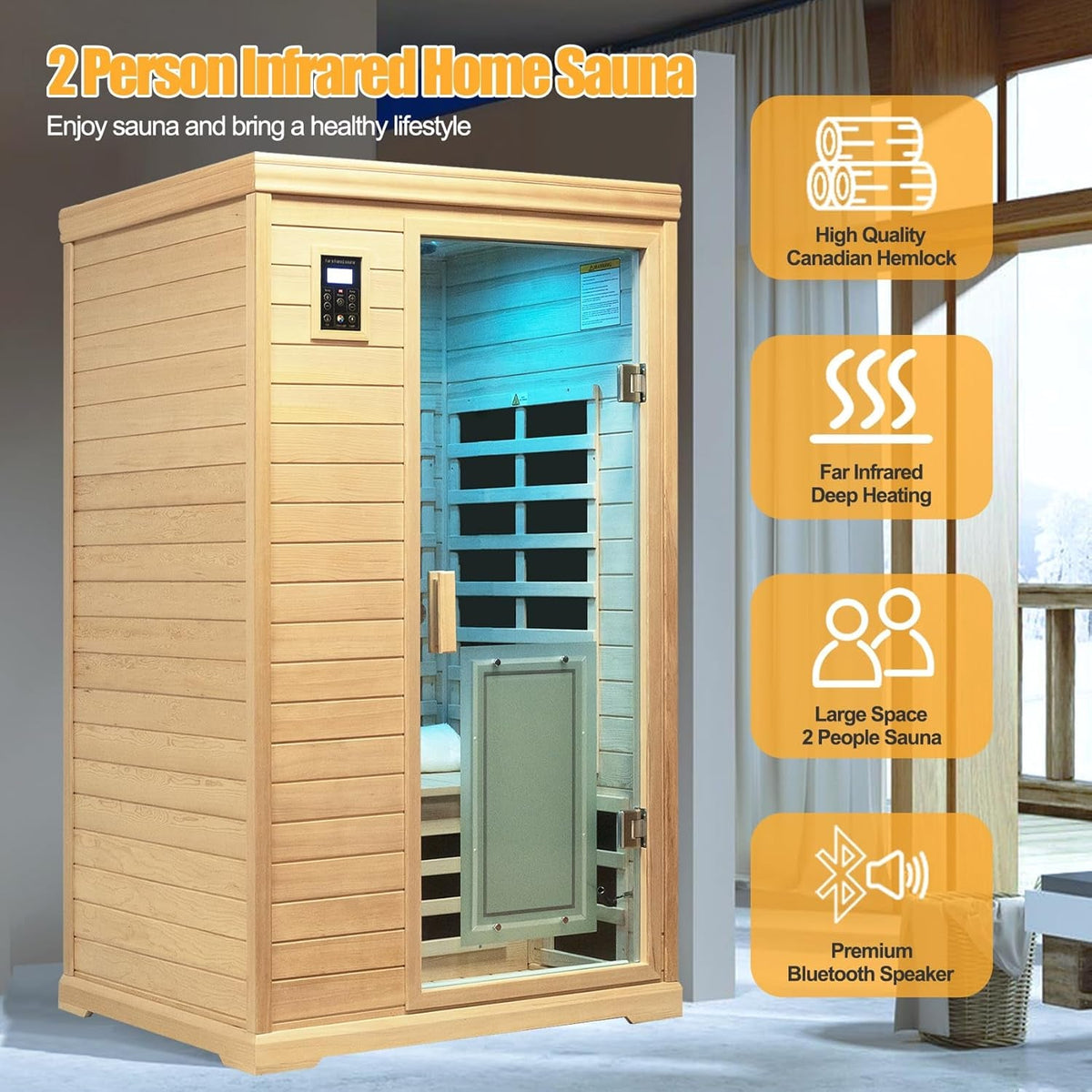 2-Person Low EMF Indoor Infrared Sauna, Canadian Hemlock, 9 Heaters, Bluetooth Speakers, LED Reading Lamp, 1750W image 2