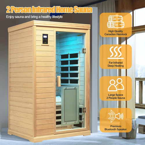 2-Person Low EMF Indoor Infrared Sauna, Canadian Hemlock, 9 Heaters, Bluetooth Speakers, LED Reading Lamp, 1750W image 2