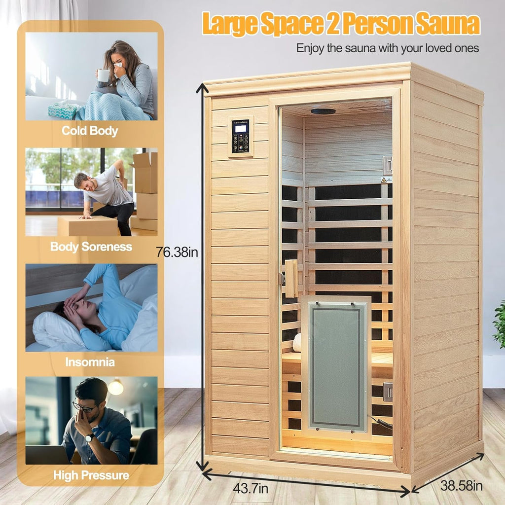 2-Person Low EMF Indoor Infrared Sauna, Canadian Hemlock, 9 Heaters, Bluetooth Speakers, LED Reading Lamp, 1750W image 7