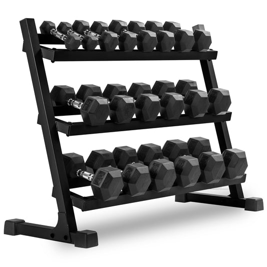 XMark 10-Pairs, 5 to 50 lbs. Hex Dumbbells Includes 3-Tier Storage Rack