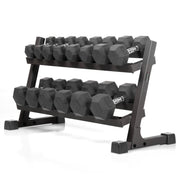 XMark 10 to 50 lbs. Rubber Hex Dumbbell Pairs Includes 2-Tier Storage Rack