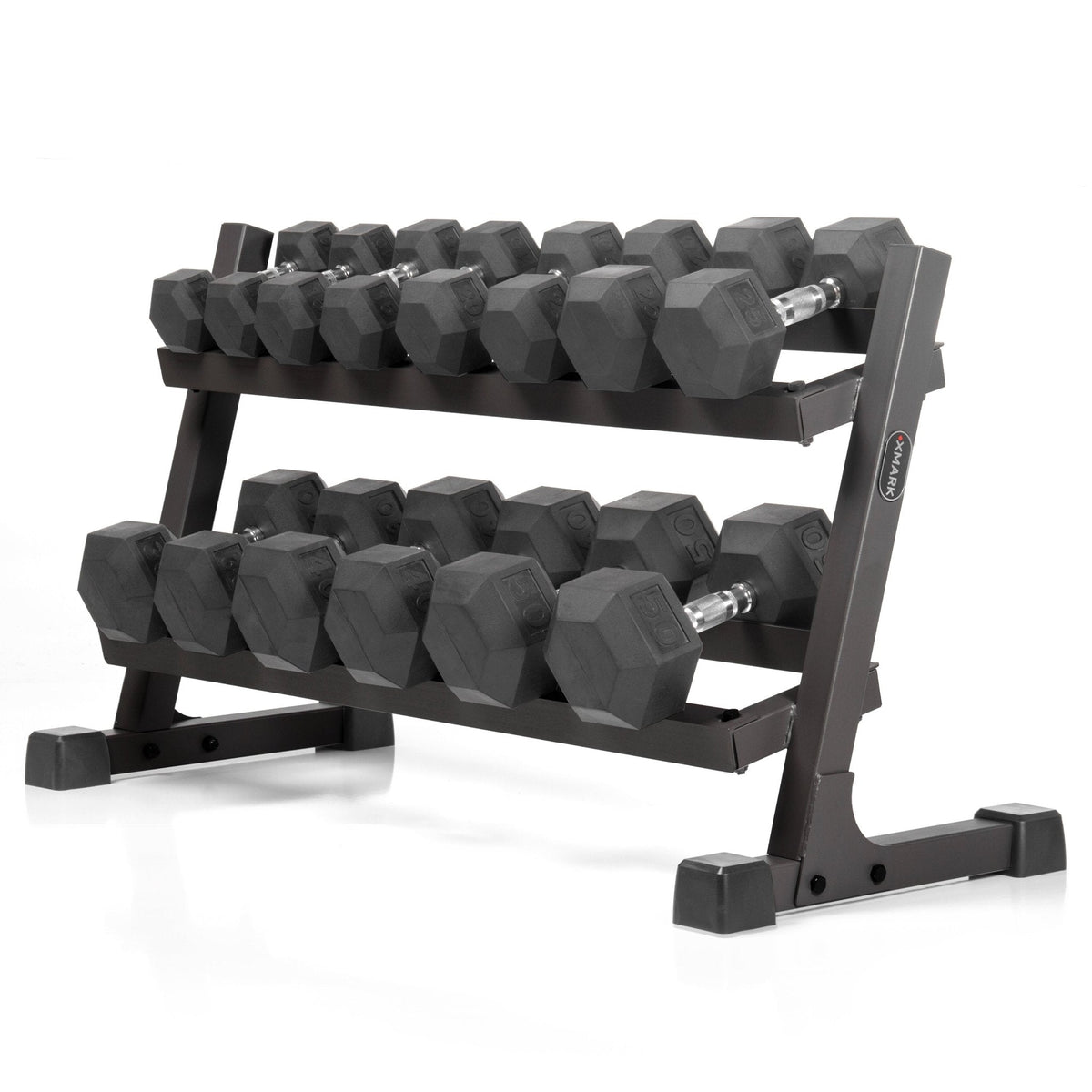 XMark 10 to 50 lbs. Rubber Hex Dumbbell Pairs Includes 2-Tier Storage Rack