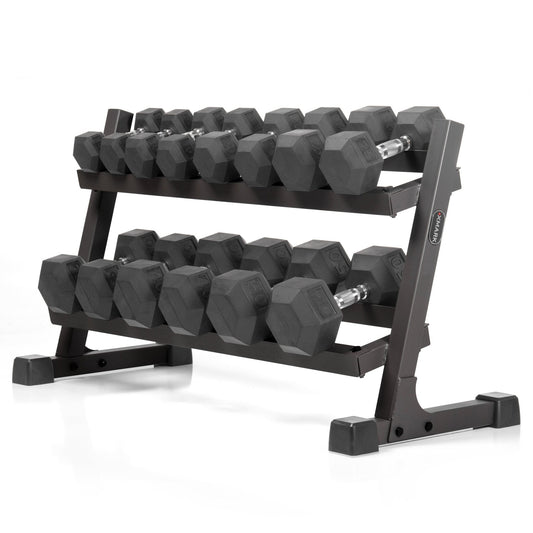 XMark 10 to 50 lbs. Rubber Hex Dumbbell Pairs Includes 2-Tier Storage Rack