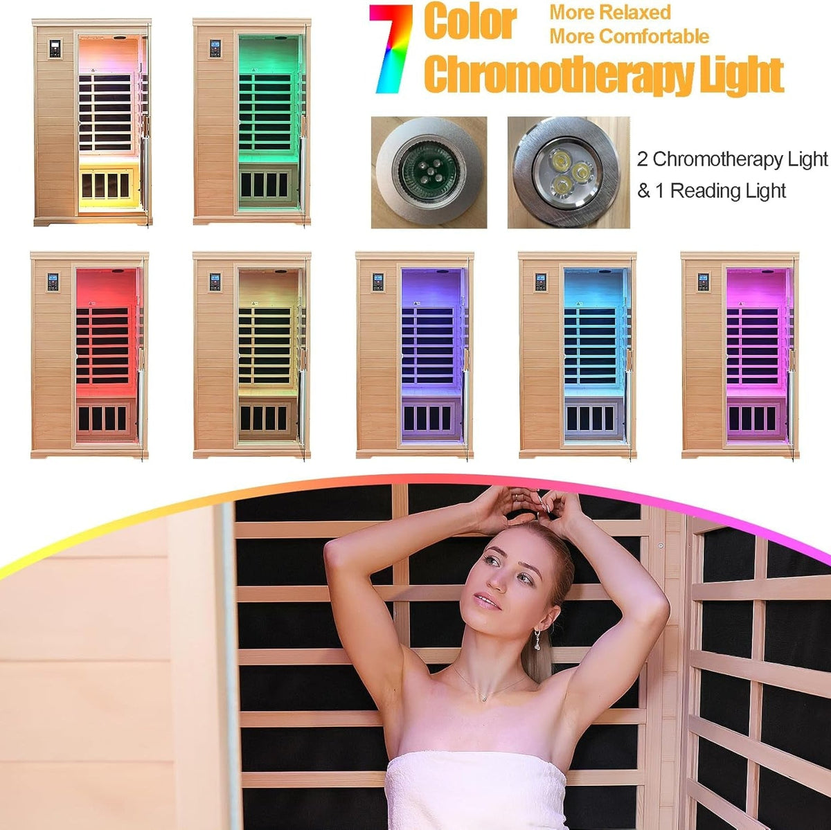 2-Person Low EMF Indoor Infrared Sauna, Canadian Hemlock, 9 Heaters, Bluetooth Speakers, LED Reading Lamp, 1750W image 5
