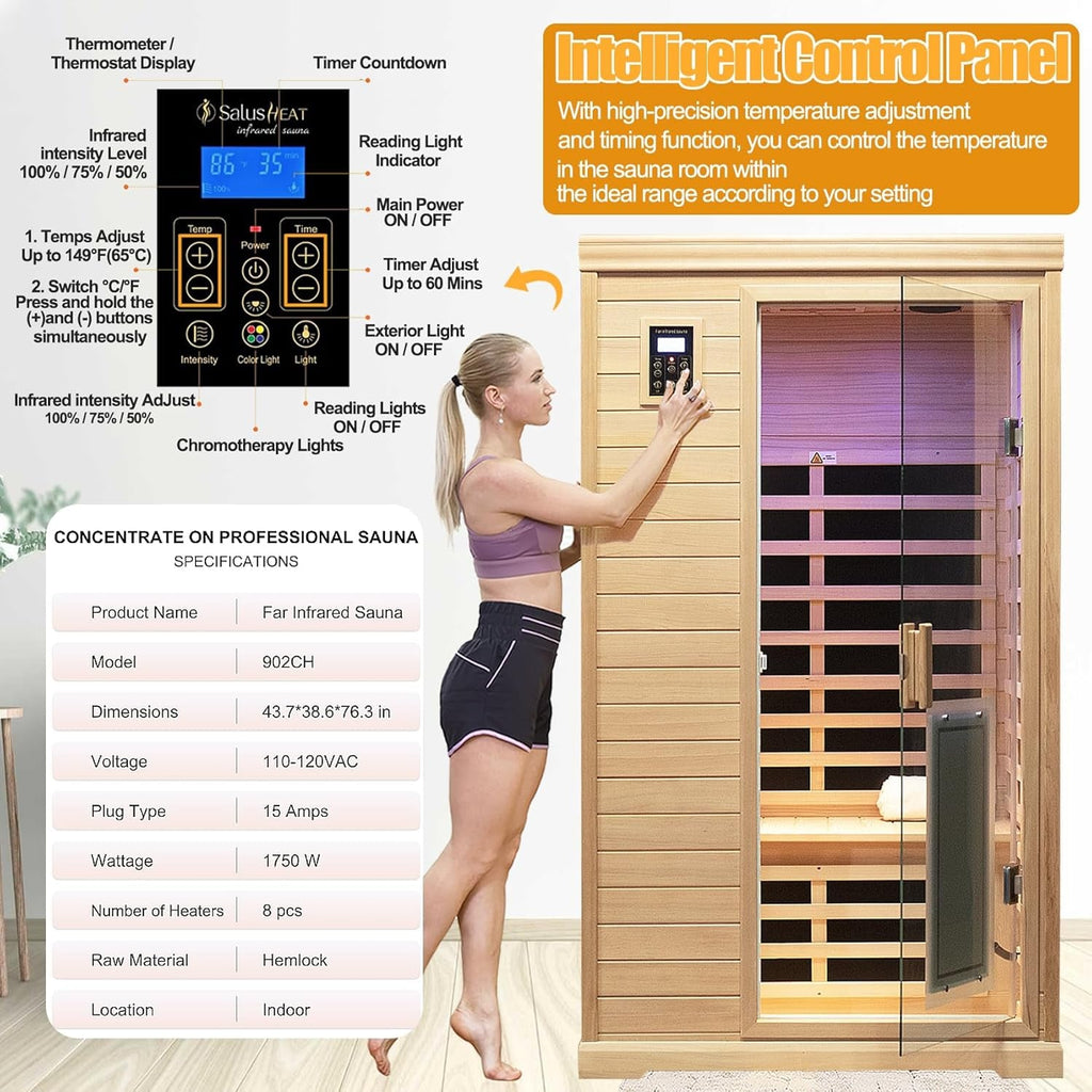 2-Person Low EMF Indoor Infrared Sauna, Canadian Hemlock, 9 Heaters, Bluetooth Speakers, LED Reading Lamp, 1750W image 6