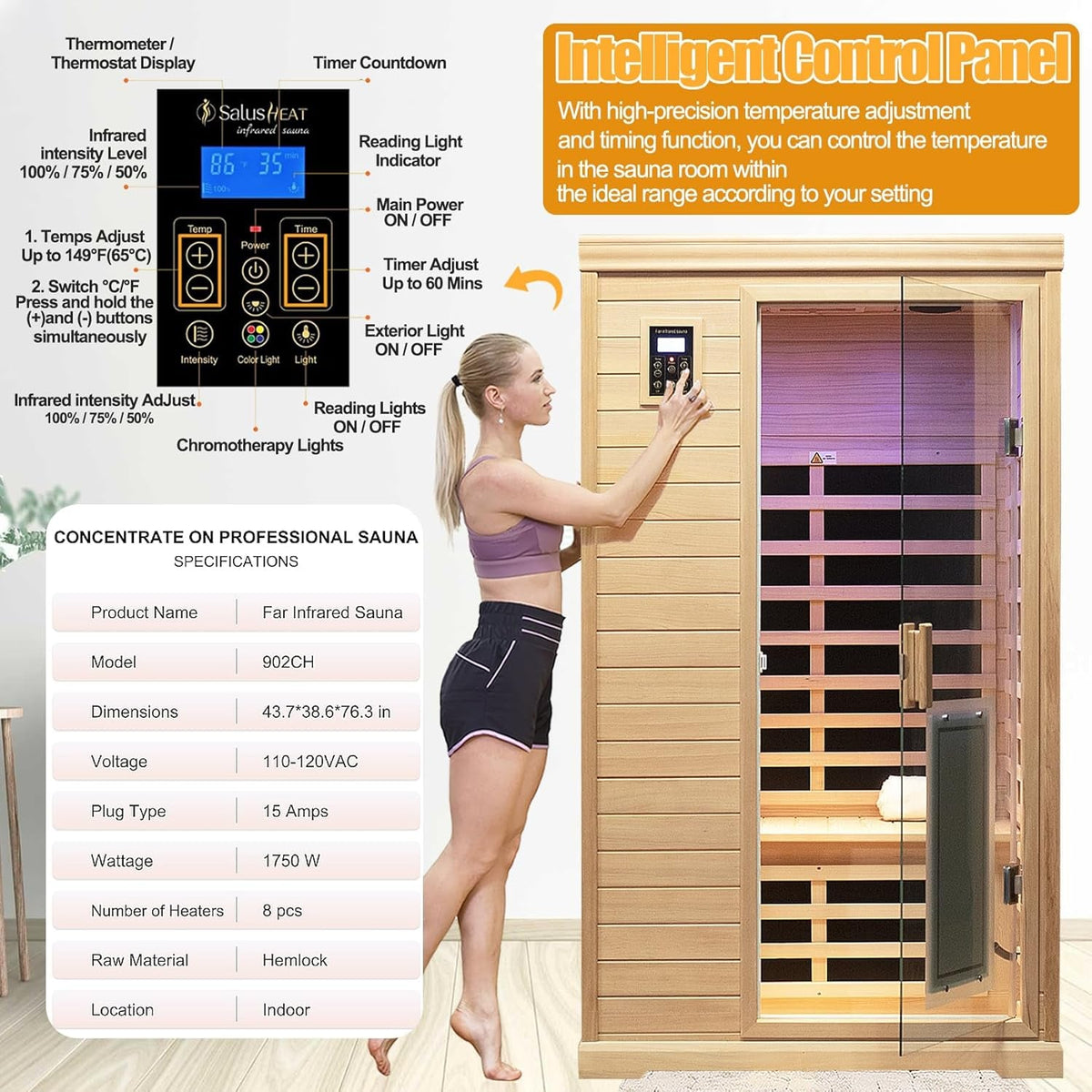 2-Person Low EMF Indoor Infrared Sauna, Canadian Hemlock, 9 Heaters, Bluetooth Speakers, LED Reading Lamp, 1750W image 6