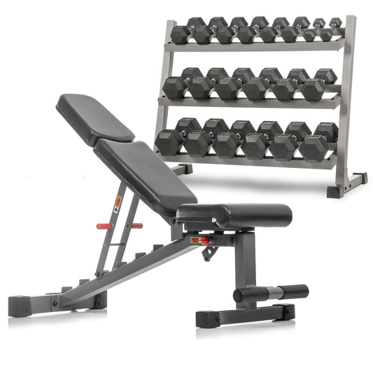 XMark 5-50 lb Hex Dumbbell Set with Rack and Weight Bench
