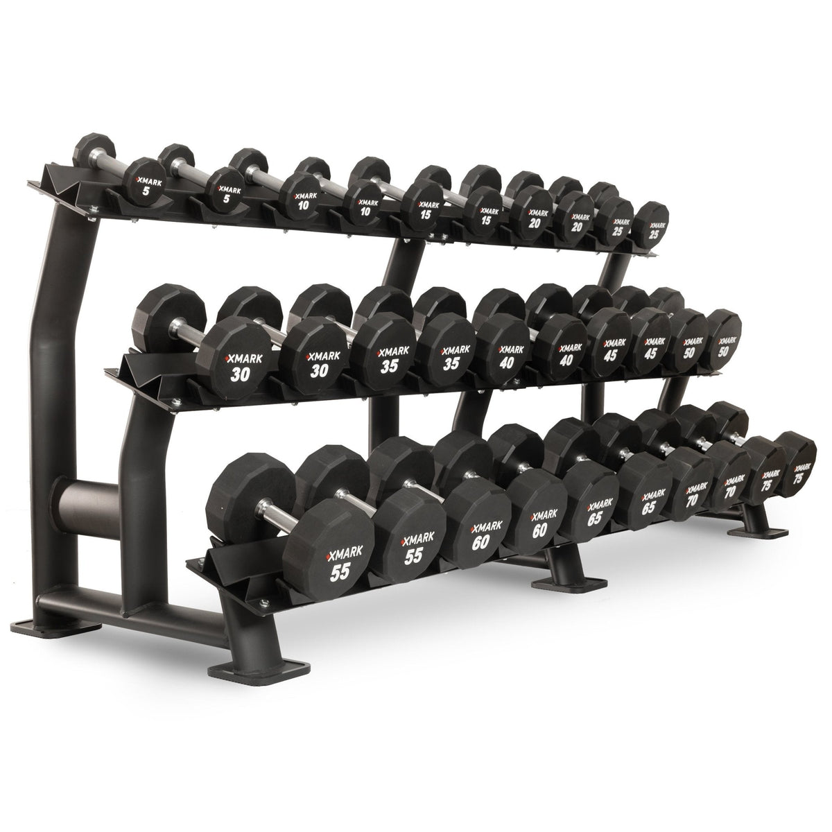 XMark 12-Sided Commercial Urethane Dumbbells (5-50 lb and 5-75 lb Sets)