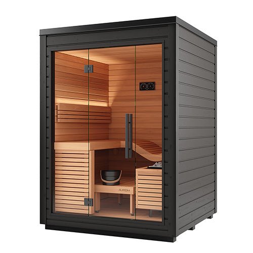 Auroom Aura 2-Person Outdoor Traditional Sauna Kit w/ Black Thermo-Spruce Wood