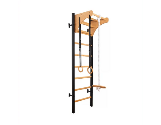 BenchK 211B + A076 Wall Bars Swedish Ladder for Kids with Pull-Up Bar, Gymnastic Rings, and Swing