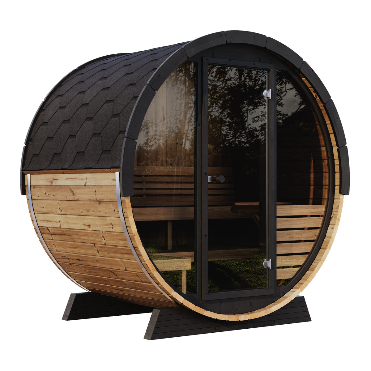 SaunaLife 6 EE6G 4 Person Traditional Outdoor Barrel Sauna - 7'3" Interior, Ergonomic Seating, Wi-Fi LED