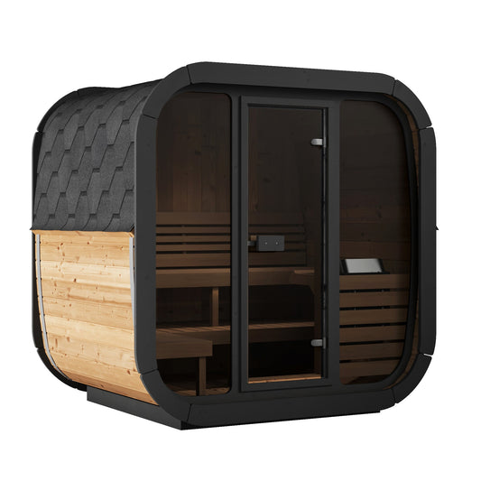 SaunaLife CL5G 4 Person Traditional Outdoor Cube Sauna w/ Glass Wall and Smart Lighting for Ultimate Relaxation