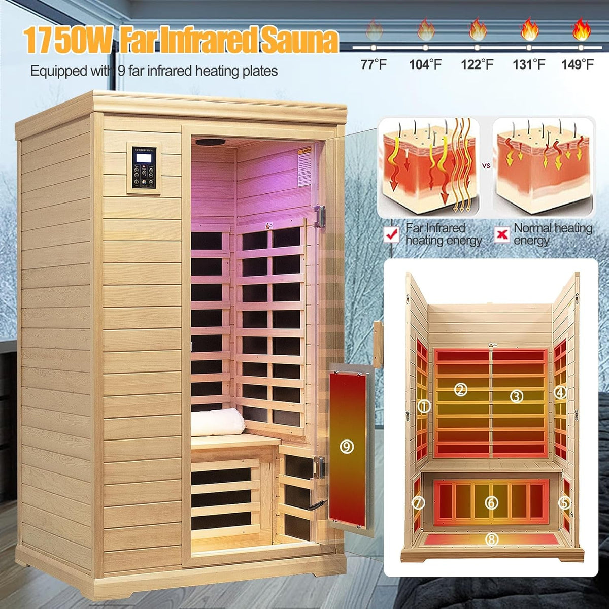2-Person Low EMF Indoor Infrared Sauna, Canadian Hemlock, 9 Heaters, Bluetooth Speakers, LED Reading Lamp, 1750W image 4