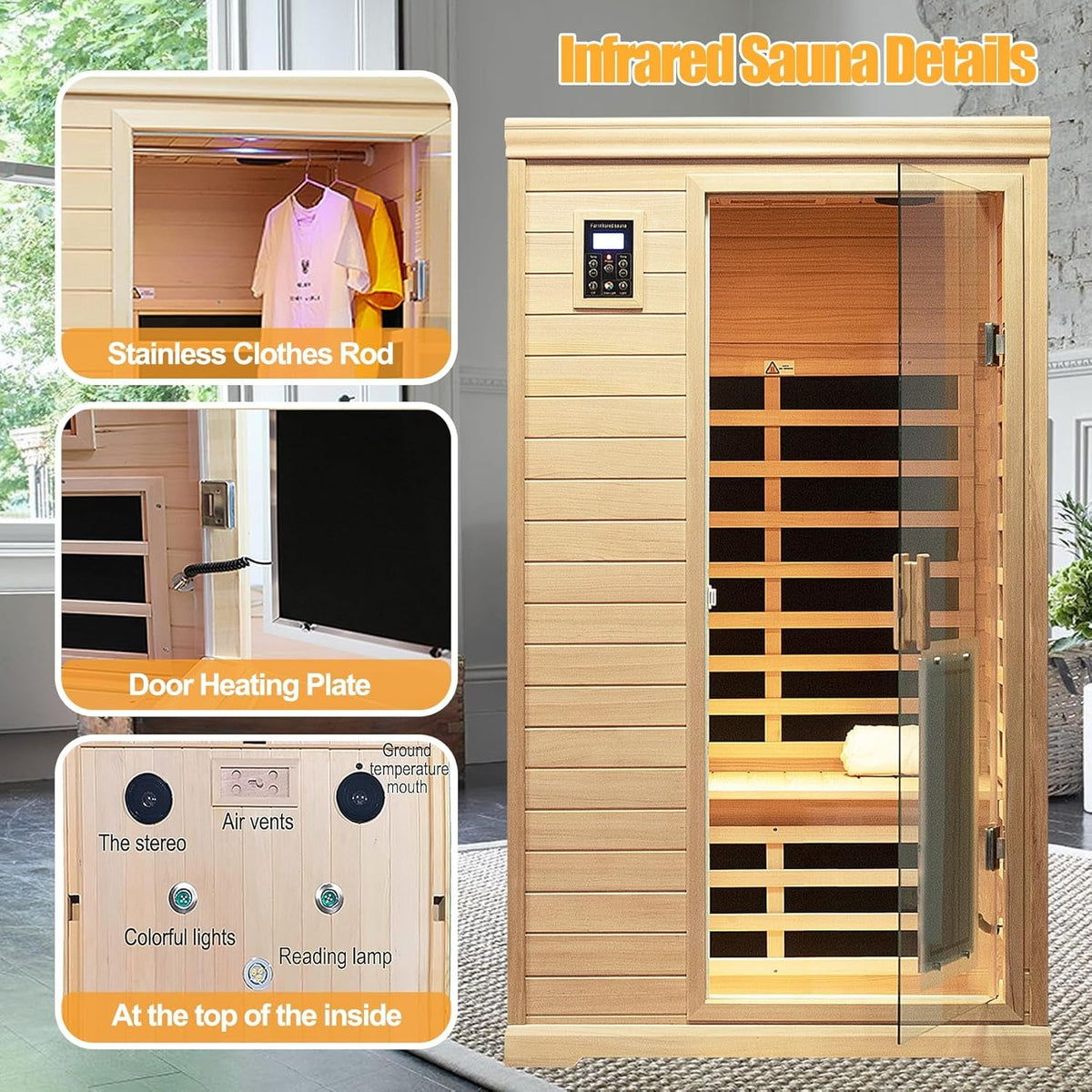 2-Person Low EMF Indoor Infrared Sauna, Canadian Hemlock, 9 Heaters, Bluetooth Speakers, LED Reading Lamp, 1750W image 3