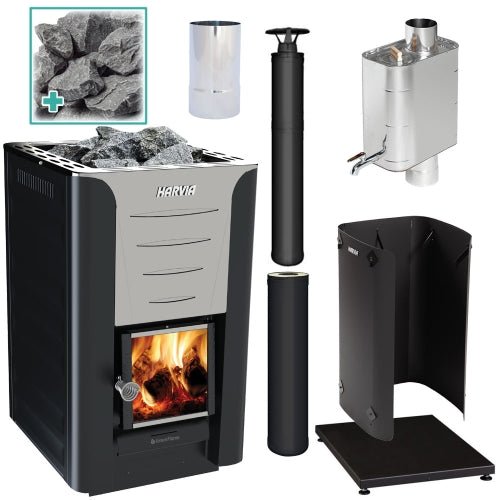 Harvia Pro Series 20 24.1kW Black WH Wood-Burning Sauna Stove Package